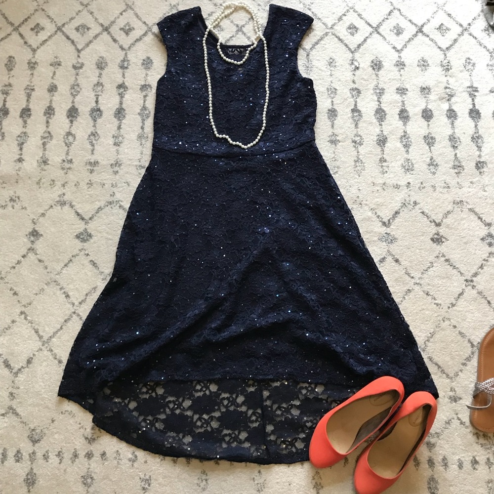 NWT Navy Sequined Lace Hi-Low Cocktail Dress